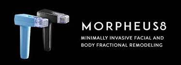 Morpheus8 RF Microneedling handles of Morpheus Morpheus8 and Morpheus body on a black background with wording. Large white font "Morpheus8" and small white font "minimally invasive facial and body fractional remodeling". 