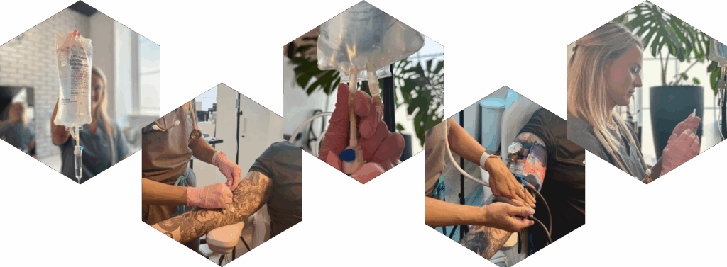 Abstract geometric header design displaying various IV therapy photos—highlighting aesthetic and wellness services offered by New You Health in Peoria, Illinois.