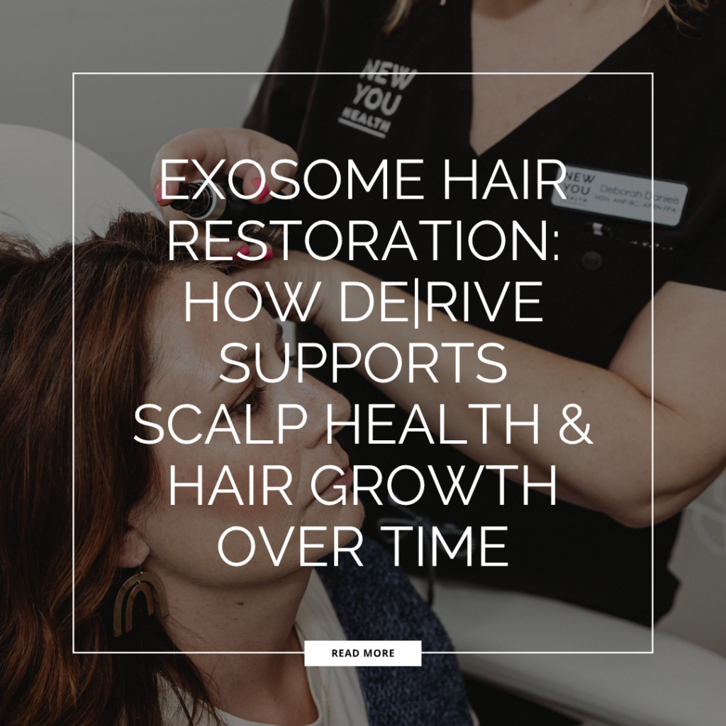 Exosome hair restoration treatment in Peoria IL showing scalp therapy for hair thinning using regenerative exosomes to stimulate hair follicles and promote natural hair growth at New You Health
