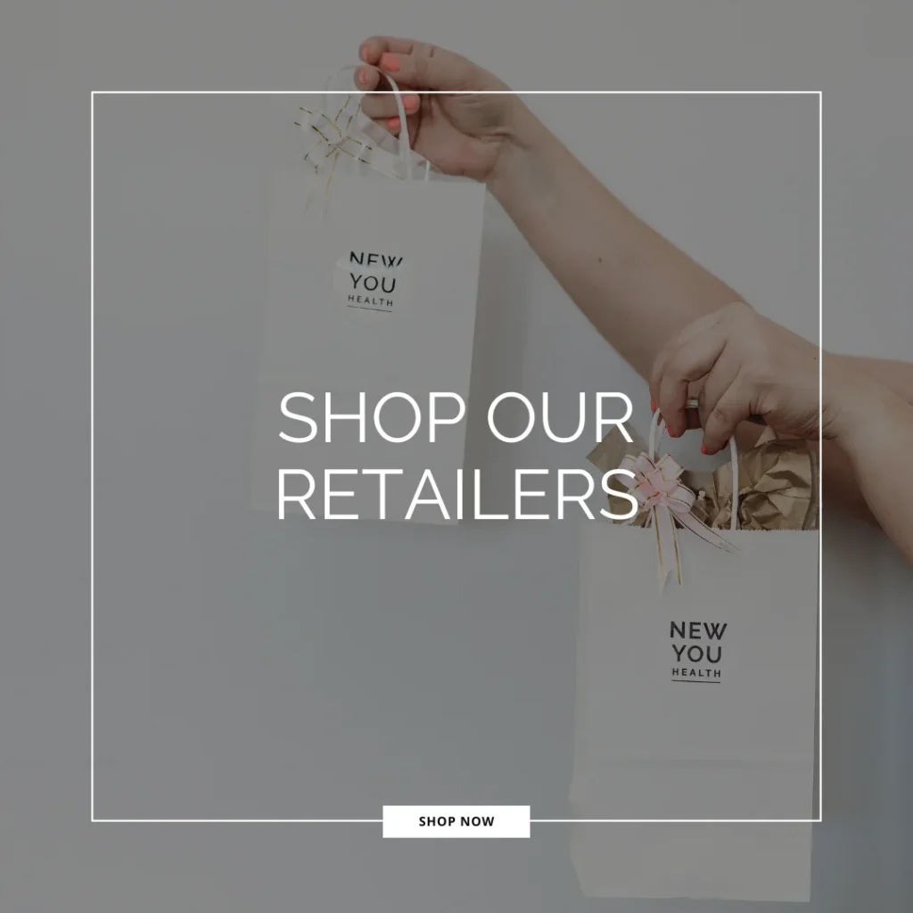 New You Health gift bags with the words Shop Our Retailers, for shopping PCA SKIN products online from New You Health in Peoria, IL